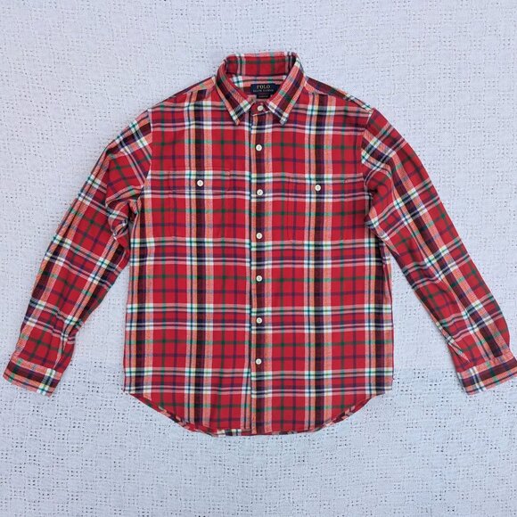 Polo Ralph Lauren Flannel 100% Cotton Shirt Men's Size L Red Plaid Classic Fit - Picture 1 of 8